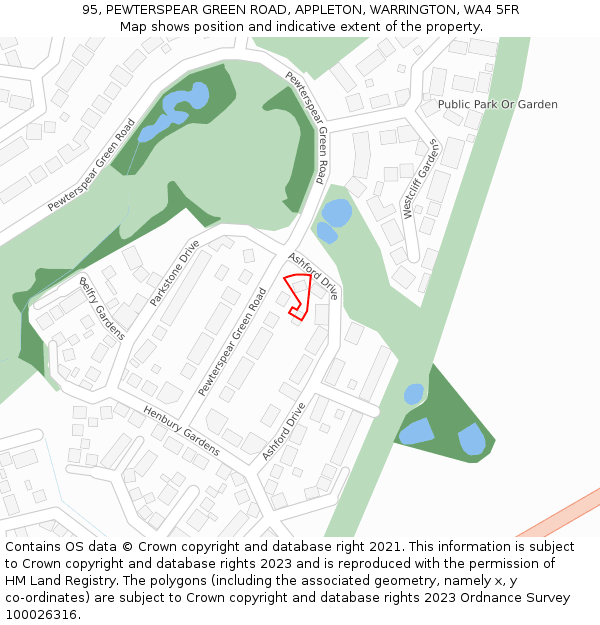 95, PEWTERSPEAR GREEN ROAD, APPLETON, WARRINGTON, WA4 5FR: Location map and indicative extent of plot