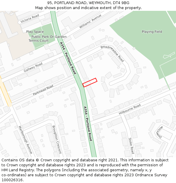 95, PORTLAND ROAD, WEYMOUTH, DT4 9BG: Location map and indicative extent of plot