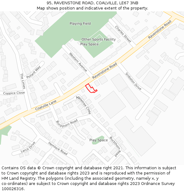 95, RAVENSTONE ROAD, COALVILLE, LE67 3NB: Location map and indicative extent of plot