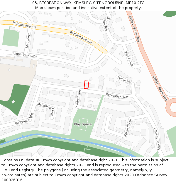 95, RECREATION WAY, KEMSLEY, SITTINGBOURNE, ME10 2TG: Location map and indicative extent of plot