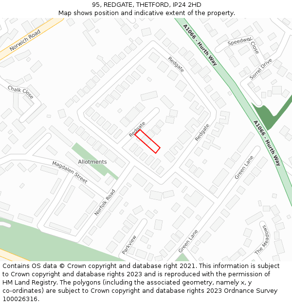 95, REDGATE, THETFORD, IP24 2HD: Location map and indicative extent of plot