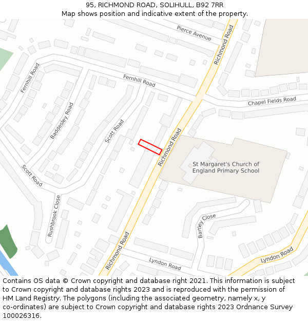 95, RICHMOND ROAD, SOLIHULL, B92 7RR: Location map and indicative extent of plot