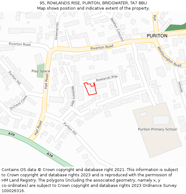 95, ROWLANDS RISE, PURITON, BRIDGWATER, TA7 8BU: Location map and indicative extent of plot