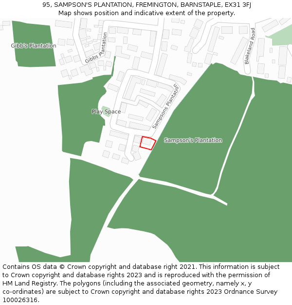 95, SAMPSON'S PLANTATION, FREMINGTON, BARNSTAPLE, EX31 3FJ: Location map and indicative extent of plot