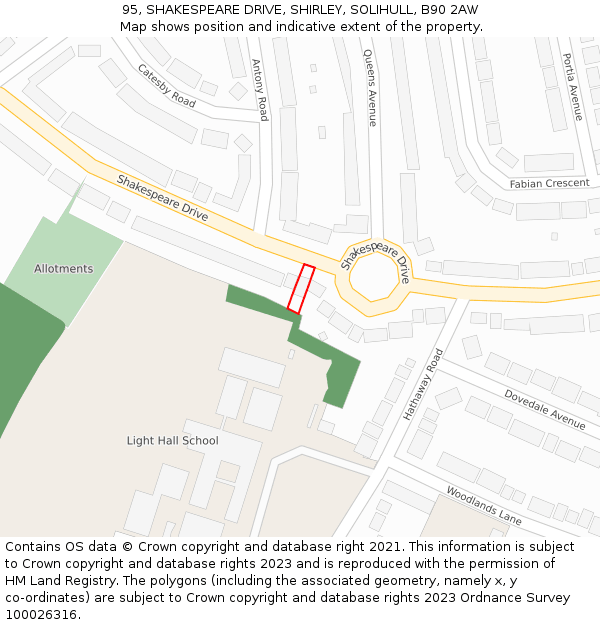 95, SHAKESPEARE DRIVE, SHIRLEY, SOLIHULL, B90 2AW: Location map and indicative extent of plot