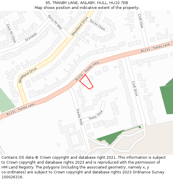 95, TRANBY LANE, ANLABY, HULL, HU10 7EB: Location map and indicative extent of plot
