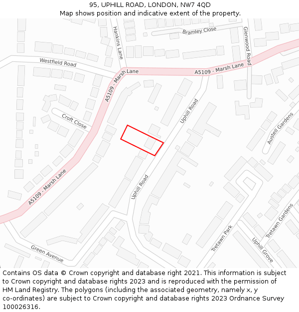95, UPHILL ROAD, LONDON, NW7 4QD: Location map and indicative extent of plot