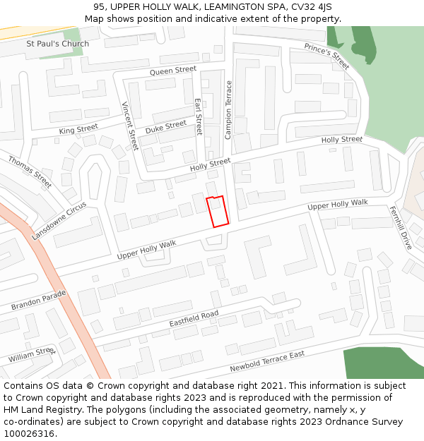 95, UPPER HOLLY WALK, LEAMINGTON SPA, CV32 4JS: Location map and indicative extent of plot