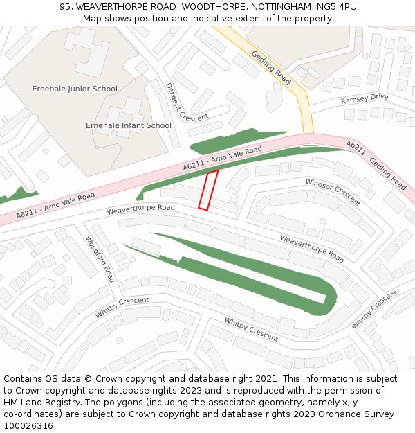 95, WEAVERTHORPE ROAD, WOODTHORPE, NOTTINGHAM, NG5 4PU: Location map and indicative extent of plot