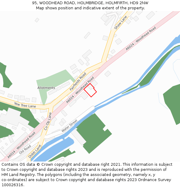 95, WOODHEAD ROAD, HOLMBRIDGE, HOLMFIRTH, HD9 2NW: Location map and indicative extent of plot