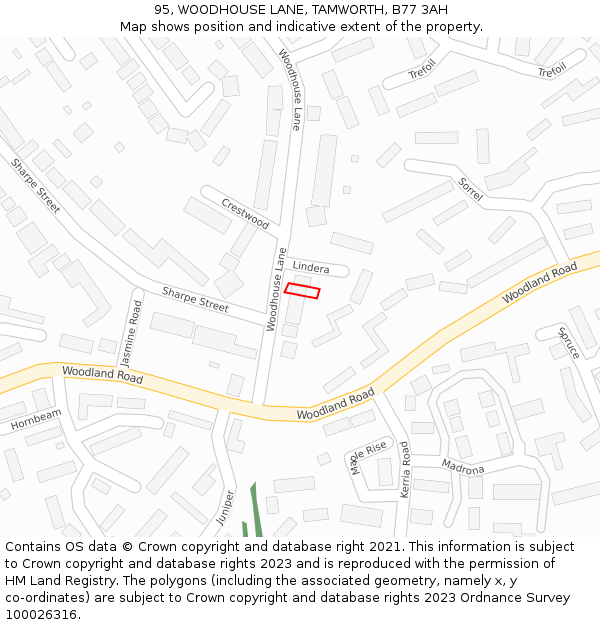 95, WOODHOUSE LANE, TAMWORTH, B77 3AH: Location map and indicative extent of plot