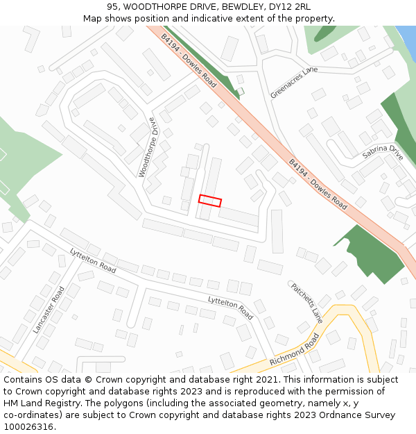 95, WOODTHORPE DRIVE, BEWDLEY, DY12 2RL: Location map and indicative extent of plot