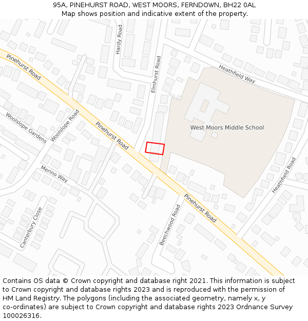 95A, PINEHURST ROAD, WEST MOORS, FERNDOWN, BH22 0AL: Location map and indicative extent of plot