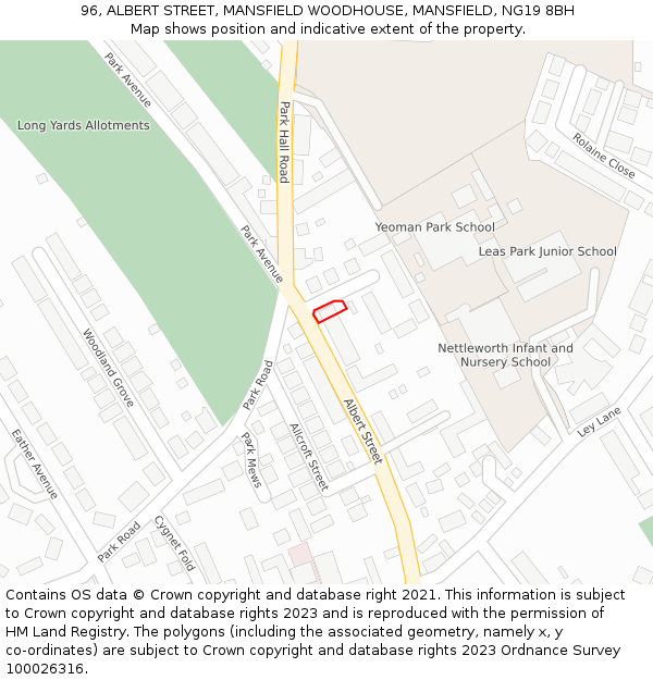 96, ALBERT STREET, MANSFIELD WOODHOUSE, MANSFIELD, NG19 8BH: Location map and indicative extent of plot