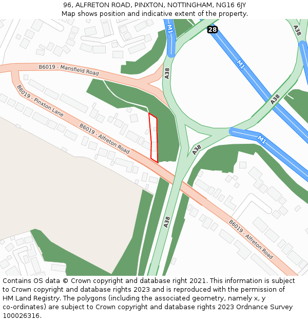 96, ALFRETON ROAD, PINXTON, NOTTINGHAM, NG16 6JY: Location map and indicative extent of plot