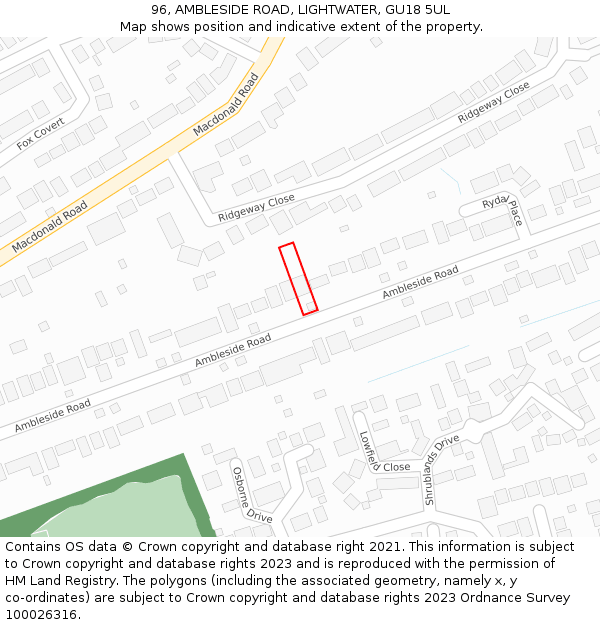 96, AMBLESIDE ROAD, LIGHTWATER, GU18 5UL: Location map and indicative extent of plot