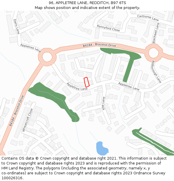 96, APPLETREE LANE, REDDITCH, B97 6TS: Location map and indicative extent of plot