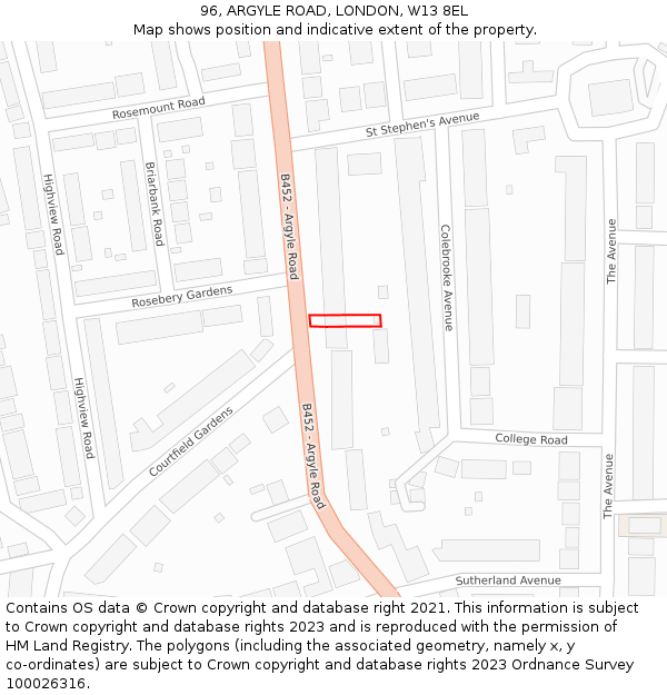 96, ARGYLE ROAD, LONDON, W13 8EL: Location map and indicative extent of plot