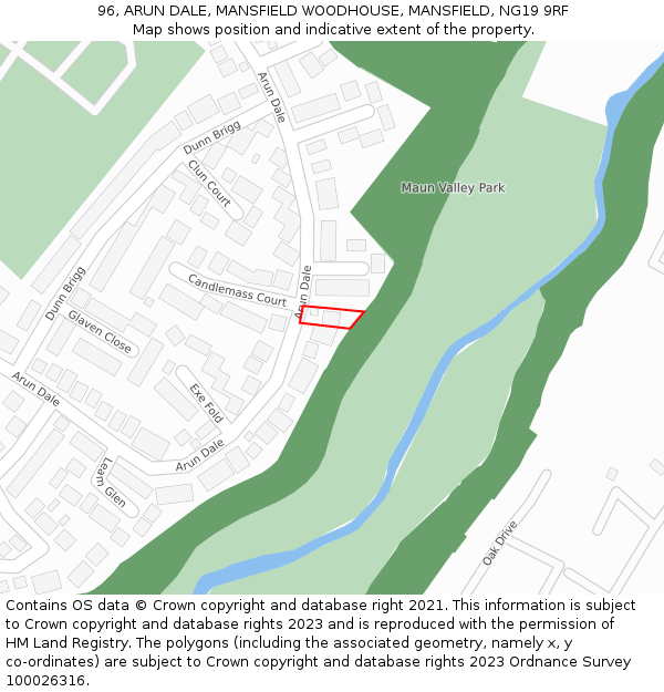 96, ARUN DALE, MANSFIELD WOODHOUSE, MANSFIELD, NG19 9RF: Location map and indicative extent of plot