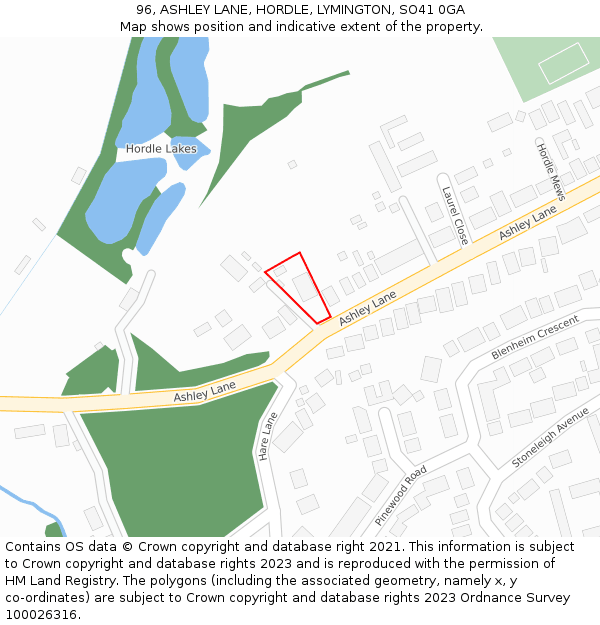 96, ASHLEY LANE, HORDLE, LYMINGTON, SO41 0GA: Location map and indicative extent of plot