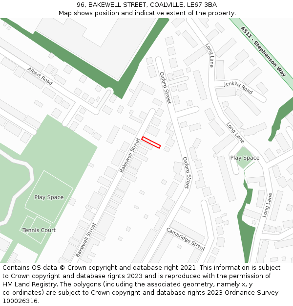 96, BAKEWELL STREET, COALVILLE, LE67 3BA: Location map and indicative extent of plot