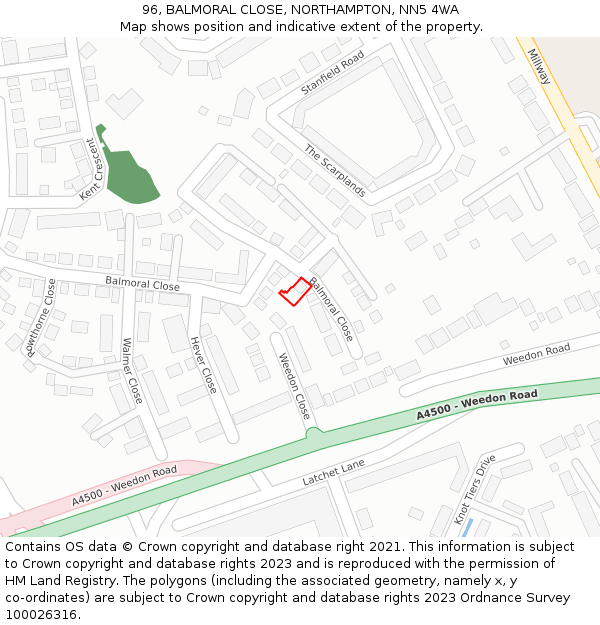 96, BALMORAL CLOSE, NORTHAMPTON, NN5 4WA: Location map and indicative extent of plot