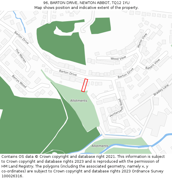 96, BARTON DRIVE, NEWTON ABBOT, TQ12 1YU: Location map and indicative extent of plot
