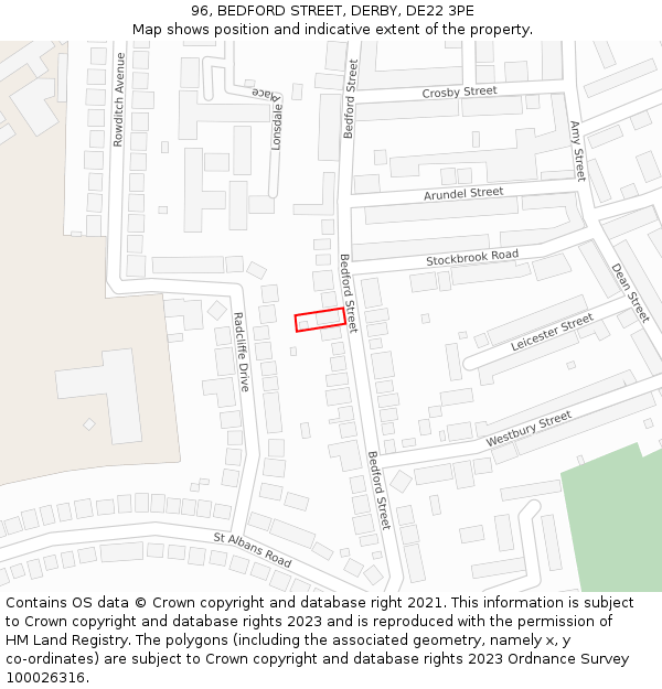 96, BEDFORD STREET, DERBY, DE22 3PE: Location map and indicative extent of plot