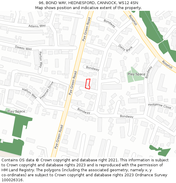 96, BOND WAY, HEDNESFORD, CANNOCK, WS12 4SN: Location map and indicative extent of plot