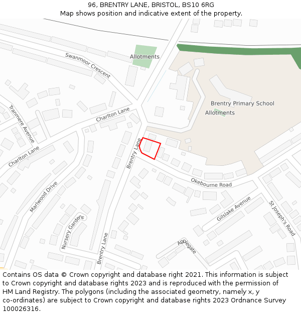 96, BRENTRY LANE, BRISTOL, BS10 6RG: Location map and indicative extent of plot