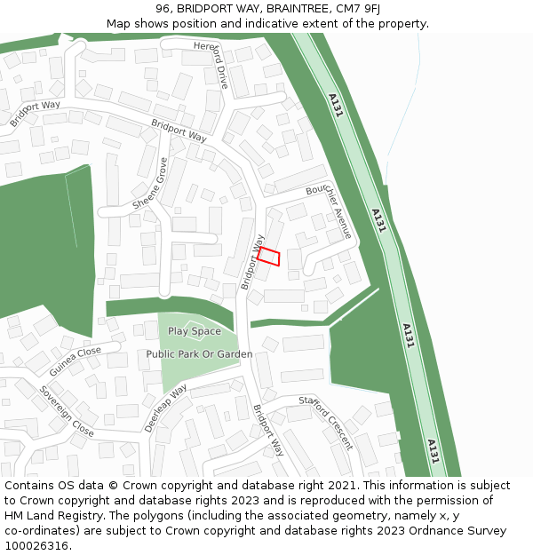 96, BRIDPORT WAY, BRAINTREE, CM7 9FJ: Location map and indicative extent of plot