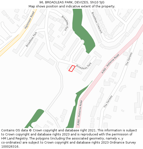 96, BROADLEAS PARK, DEVIZES, SN10 5JG: Location map and indicative extent of plot