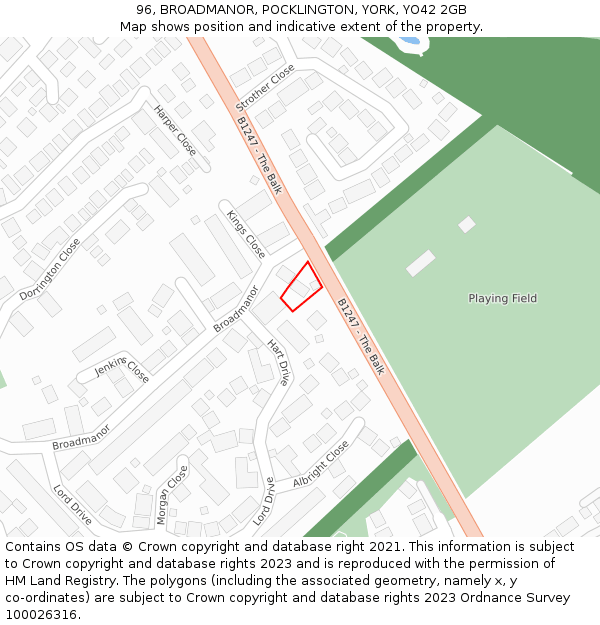 96, BROADMANOR, POCKLINGTON, YORK, YO42 2GB: Location map and indicative extent of plot