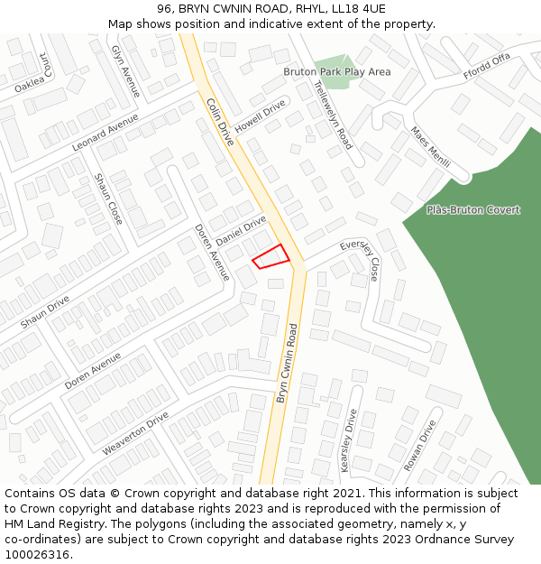 96, BRYN CWNIN ROAD, RHYL, LL18 4UE: Location map and indicative extent of plot