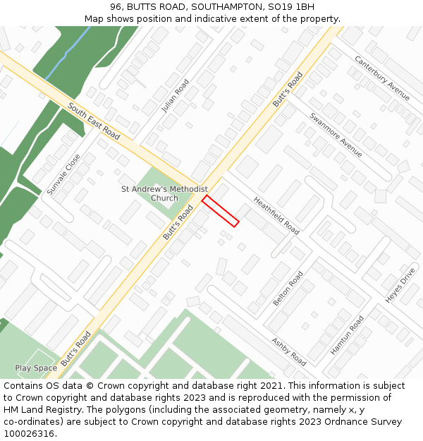 96, BUTTS ROAD, SOUTHAMPTON, SO19 1BH: Location map and indicative extent of plot