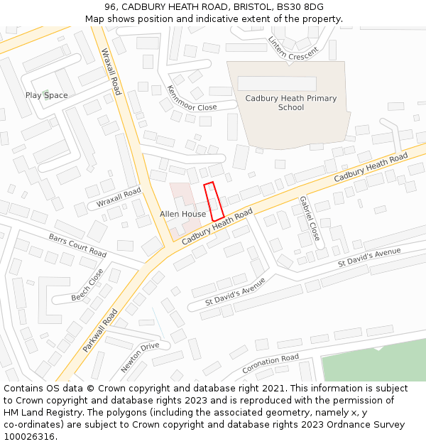 96, CADBURY HEATH ROAD, BRISTOL, BS30 8DG: Location map and indicative extent of plot