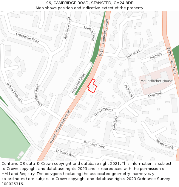 96, CAMBRIDGE ROAD, STANSTED, CM24 8DB: Location map and indicative extent of plot