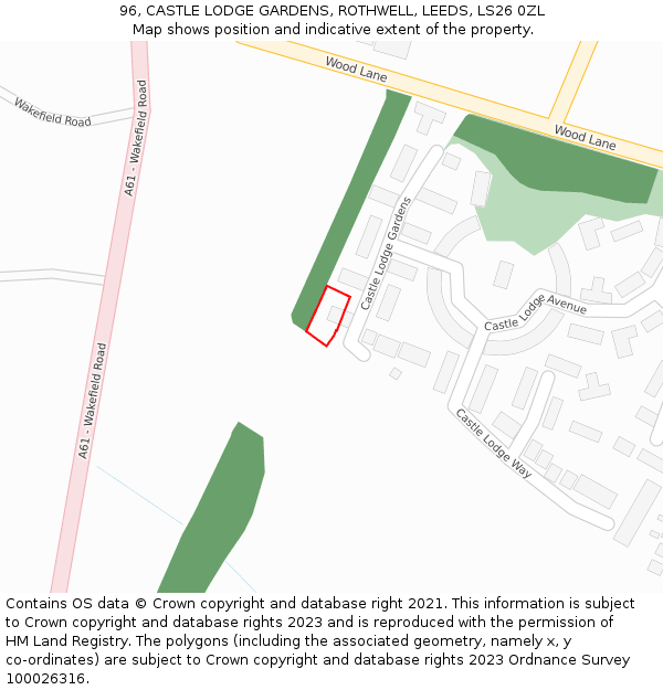 96, CASTLE LODGE GARDENS, ROTHWELL, LEEDS, LS26 0ZL: Location map and indicative extent of plot