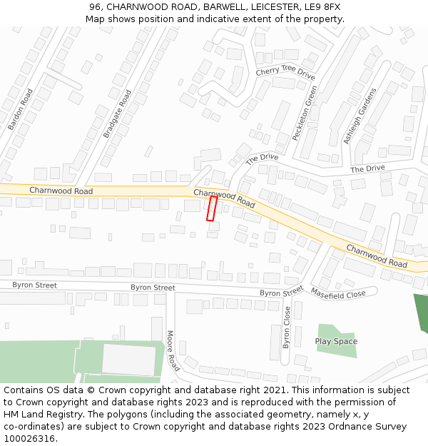 96, CHARNWOOD ROAD, BARWELL, LEICESTER, LE9 8FX: Location map and indicative extent of plot