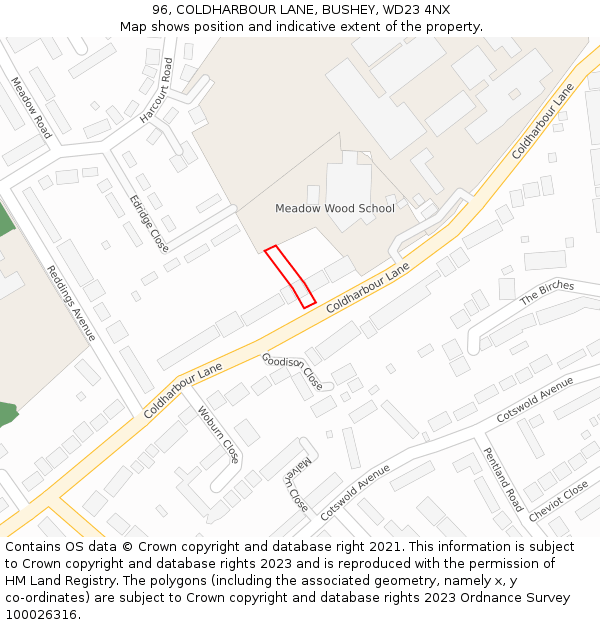 96, COLDHARBOUR LANE, BUSHEY, WD23 4NX: Location map and indicative extent of plot