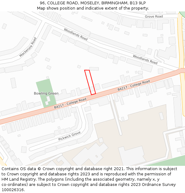 96, COLLEGE ROAD, MOSELEY, BIRMINGHAM, B13 9LP: Location map and indicative extent of plot