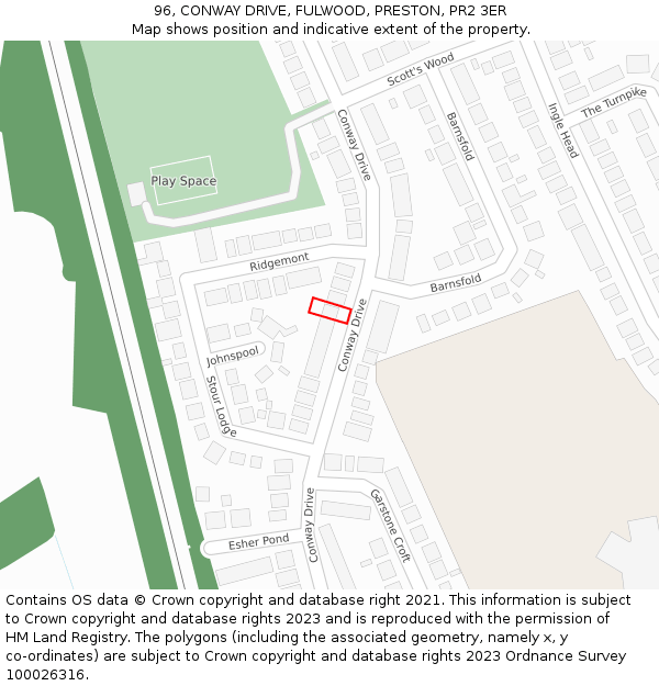 96, CONWAY DRIVE, FULWOOD, PRESTON, PR2 3ER: Location map and indicative extent of plot