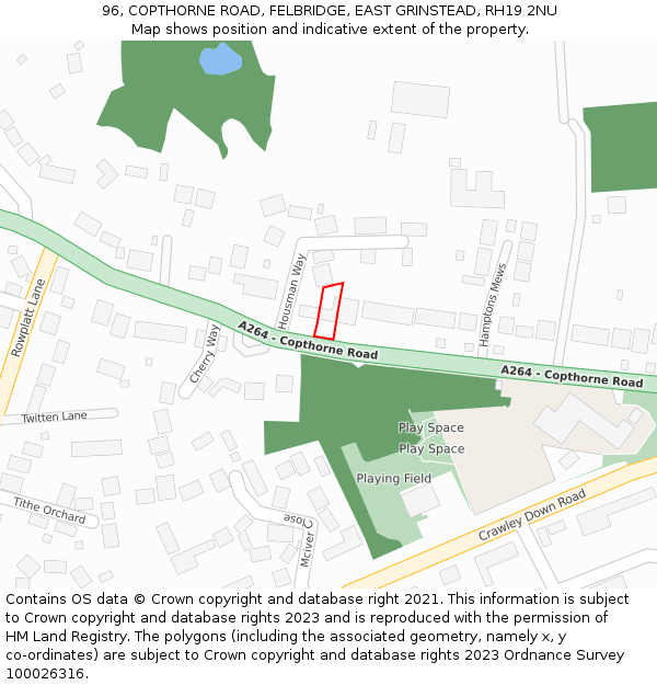 96, COPTHORNE ROAD, FELBRIDGE, EAST GRINSTEAD, RH19 2NU: Location map and indicative extent of plot