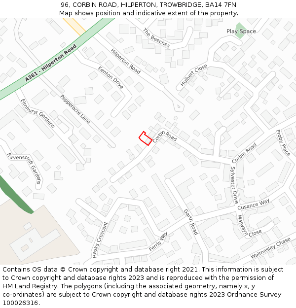 96, CORBIN ROAD, HILPERTON, TROWBRIDGE, BA14 7FN: Location map and indicative extent of plot