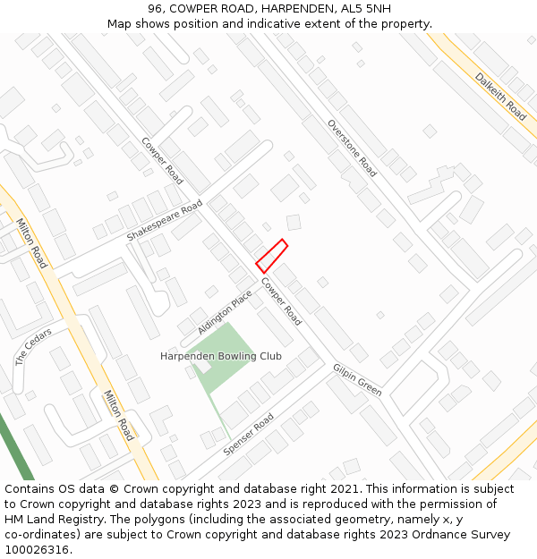 96, COWPER ROAD, HARPENDEN, AL5 5NH: Location map and indicative extent of plot