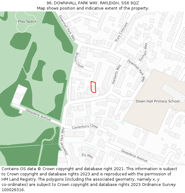 96, DOWNHALL PARK WAY, RAYLEIGH, SS6 9QZ: Location map and indicative extent of plot