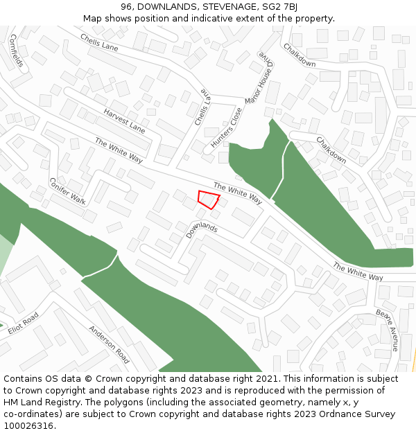 96, DOWNLANDS, STEVENAGE, SG2 7BJ: Location map and indicative extent of plot