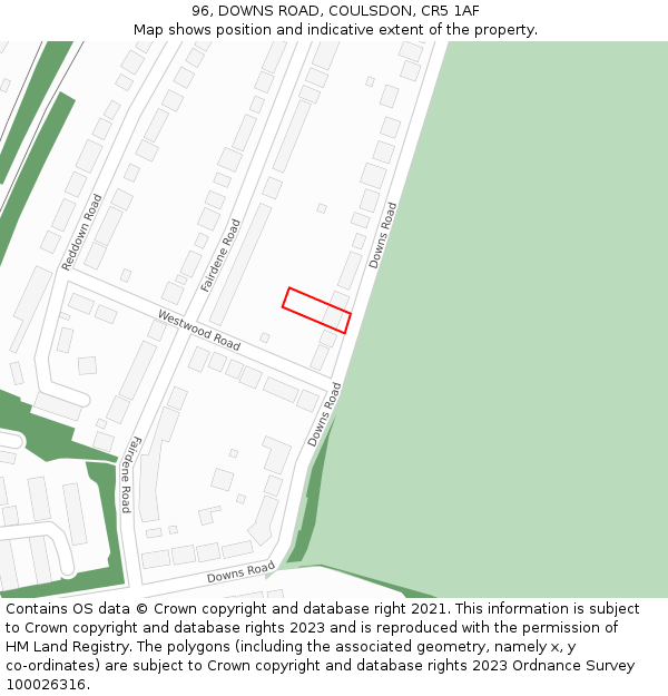 96, DOWNS ROAD, COULSDON, CR5 1AF: Location map and indicative extent of plot