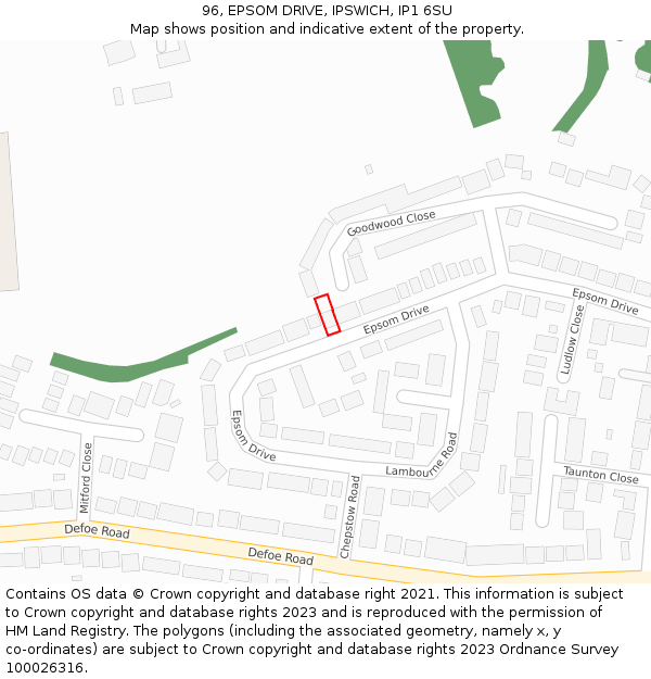 96, EPSOM DRIVE, IPSWICH, IP1 6SU: Location map and indicative extent of plot