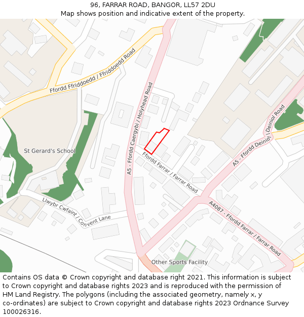 96, FARRAR ROAD, BANGOR, LL57 2DU: Location map and indicative extent of plot